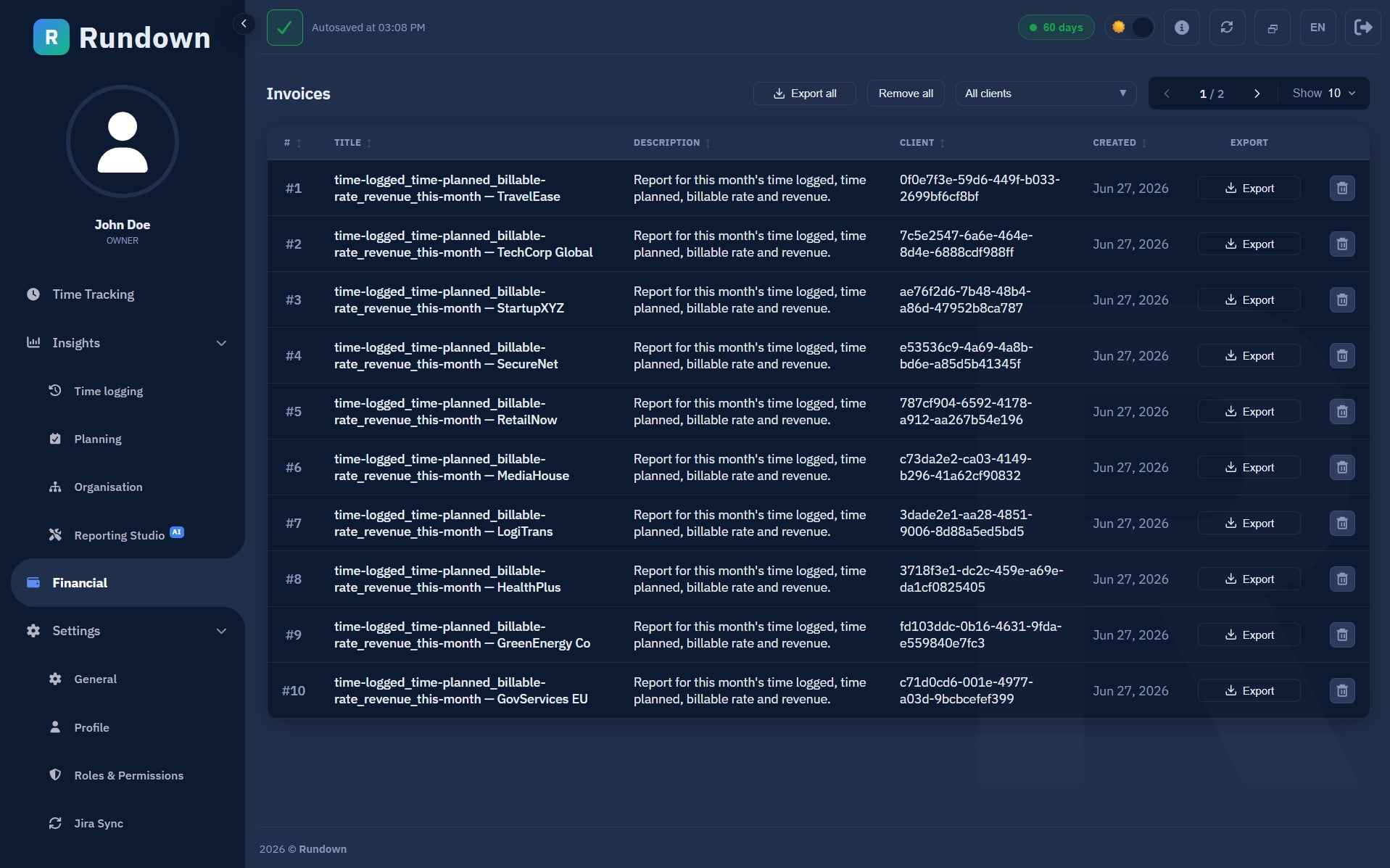 Invoice generated from approved Jira time entries