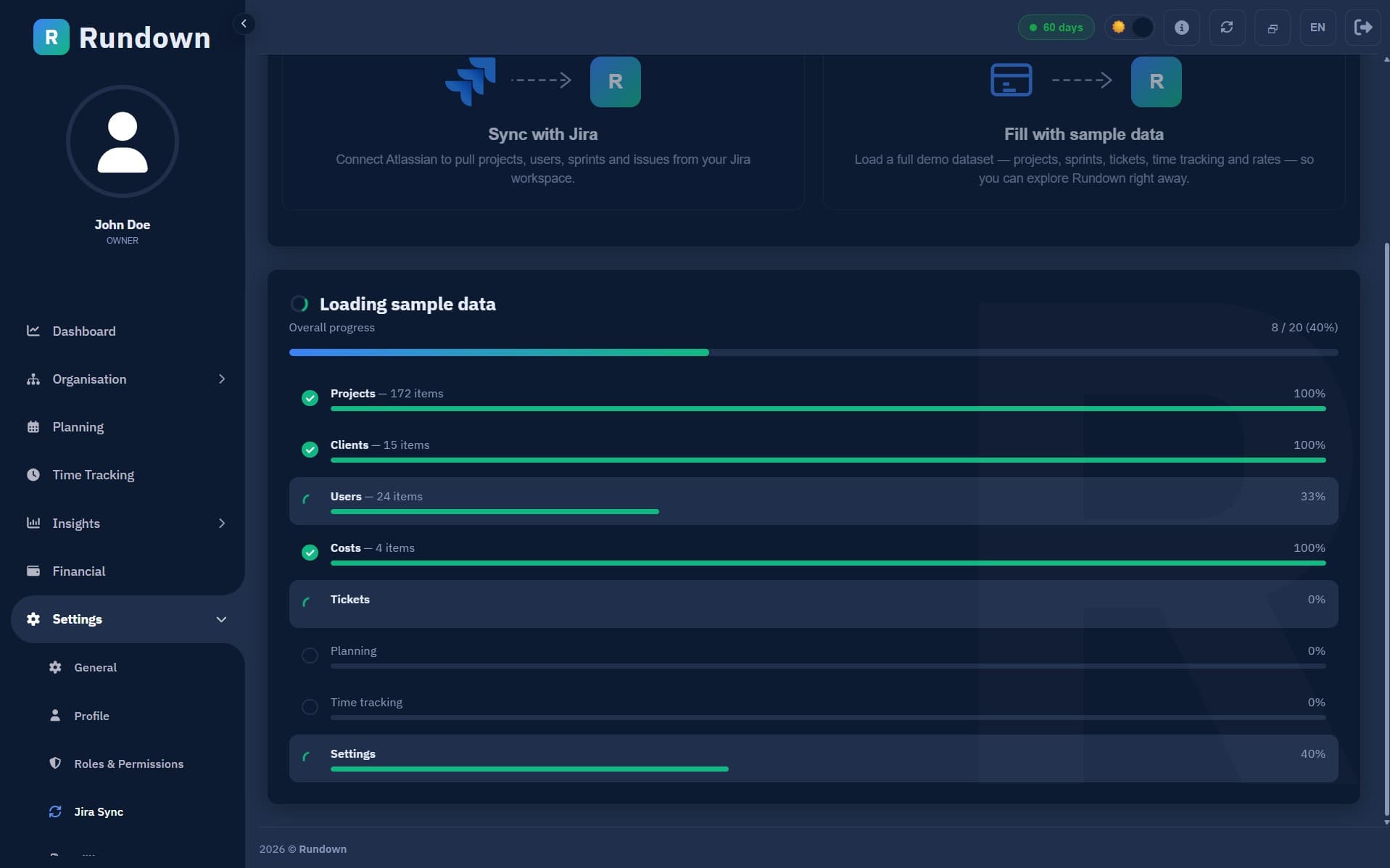 Rundown's Jira sync page — connect a Cloud workspace and watch projects, issues, sprints and worklogs stream in