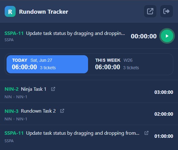 The Rundown Tracker start/stop timer injected onto a Jira issue